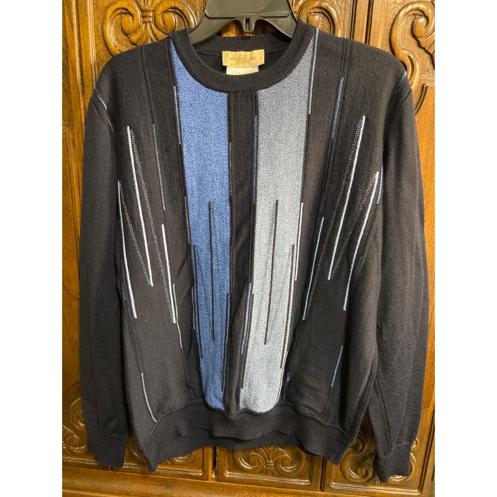 Montechiaro Italy Mens Wool Blend Crewneck Sweater Blue Geometric Stripe Large